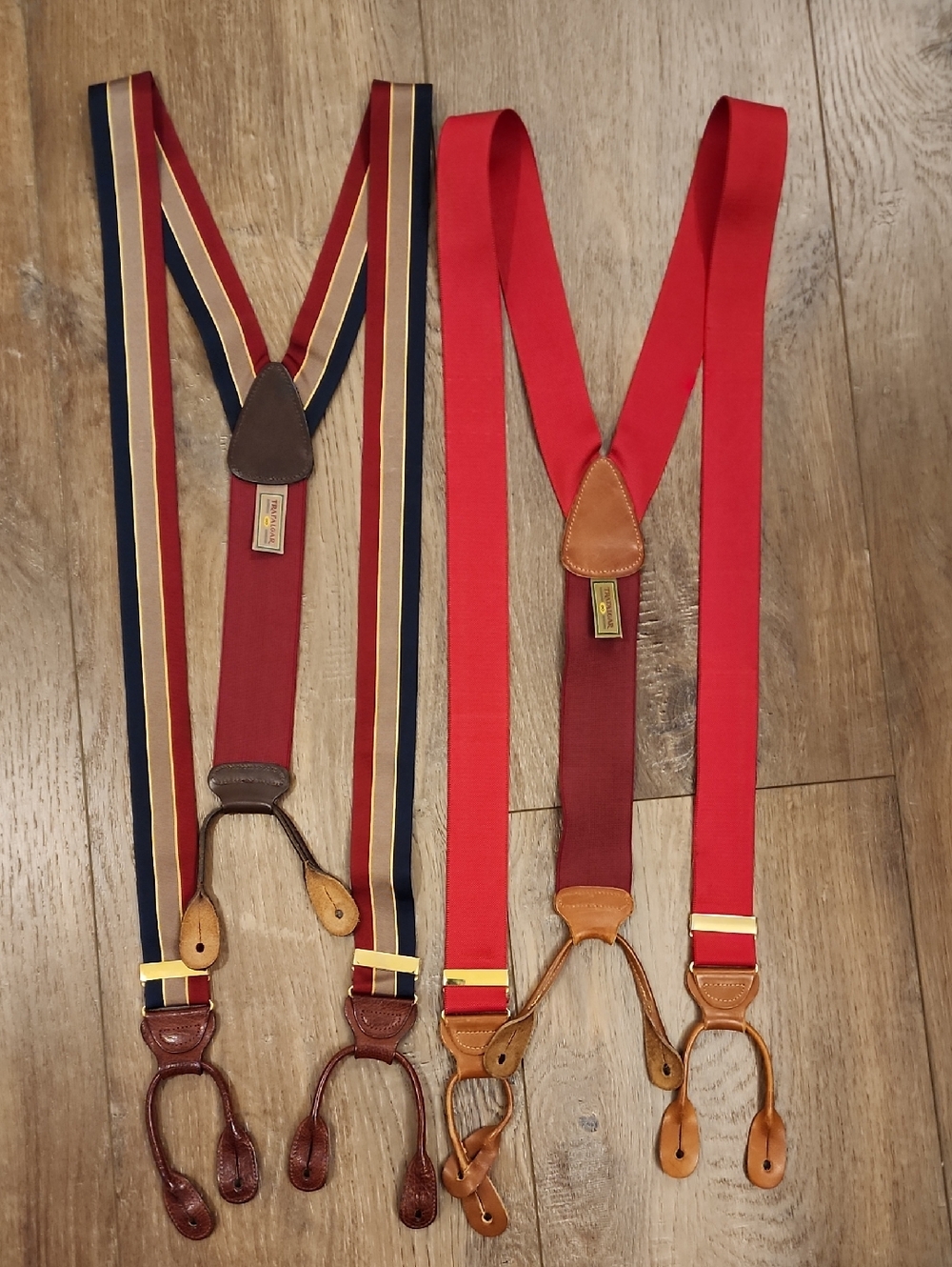 Trafalgar Lot of 2 Braces Suspenders Stripe Ribbon Leather Trim Woven Classic
